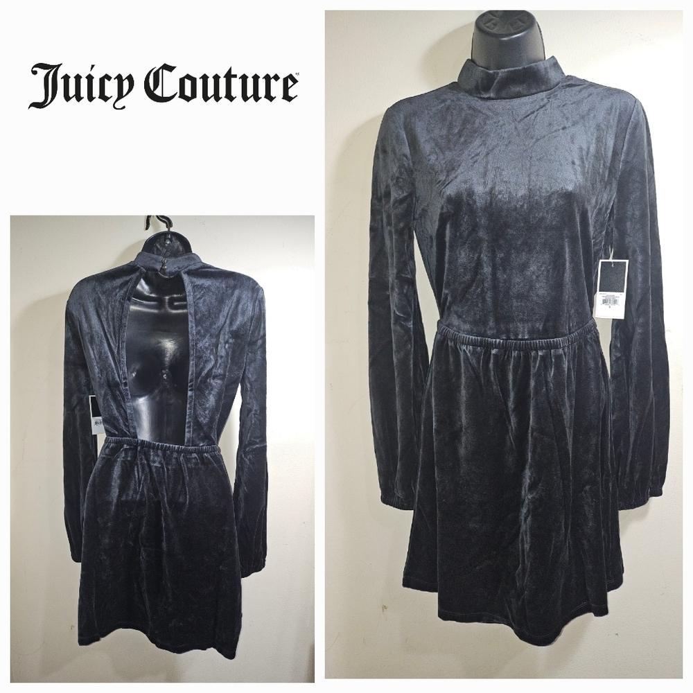 NWT Juicy Couture Babydoll Dress Open Back Velour Black Small - Picture 3 of 8